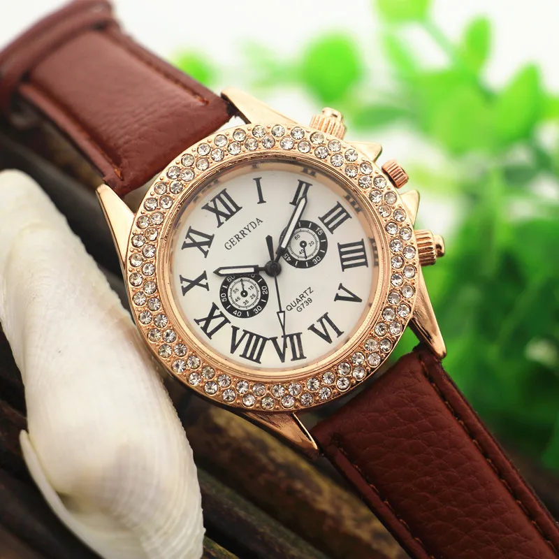 Free Shipping!Gold plate case with crystal deco,two eyes dial,quartz movement,PVC leather,Gerryda fashion woman leather watches