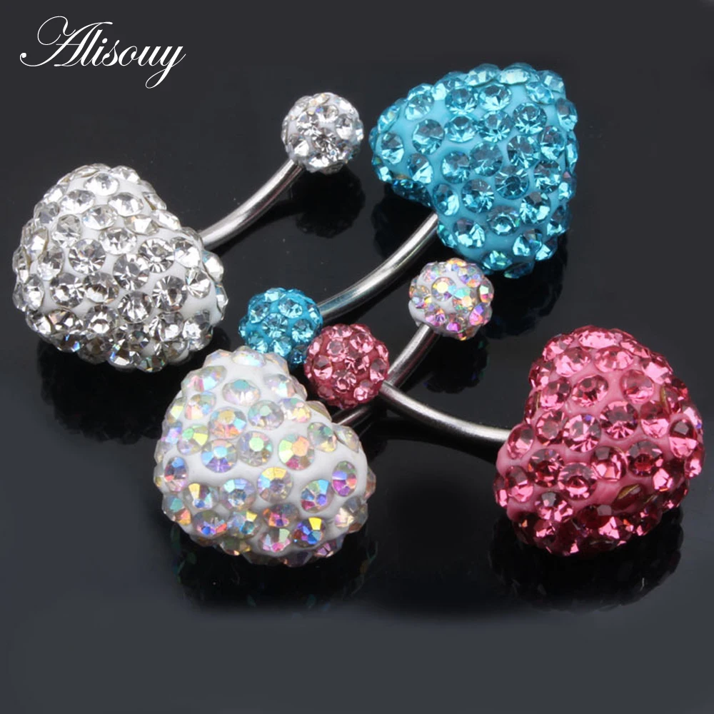 Heart Double Side Belly Piercing Rings Surgical Steel Crystal Disco Ball Belly Button Ring Navel Piercing Body Jewelry