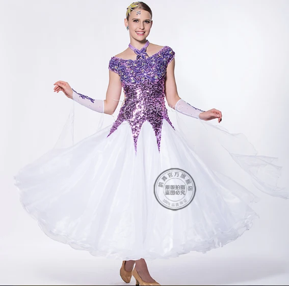 

customize shiny purple white standard rhinestone Waltz tango Fox trot ballroom Quick step dress competition woman lady girl