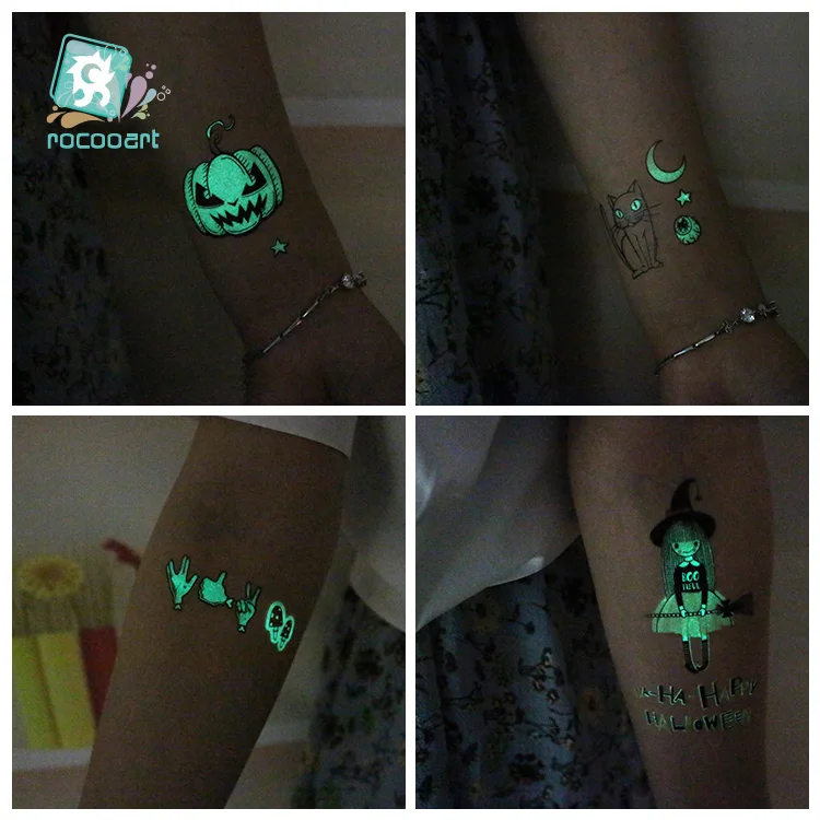 Rocooart Halloween Luminous Tattoo Ghost Taty For Kids Fake Tattoo Witch Glowing in Dark Waterproof Temporary Tattoo Stickers