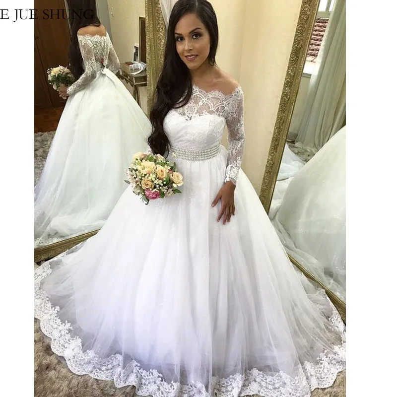 

E JUE SHUNG White Lace Off The Shoulder Princess Wedding Dresses Long Sleeves Pearls Sash Buttons Bridal Gowns Mariage