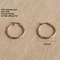 Rose Gold-color Plated Titanium 25mm Hoop Earrings 316 L Stainless Steel No Easy Fade Allergy Free