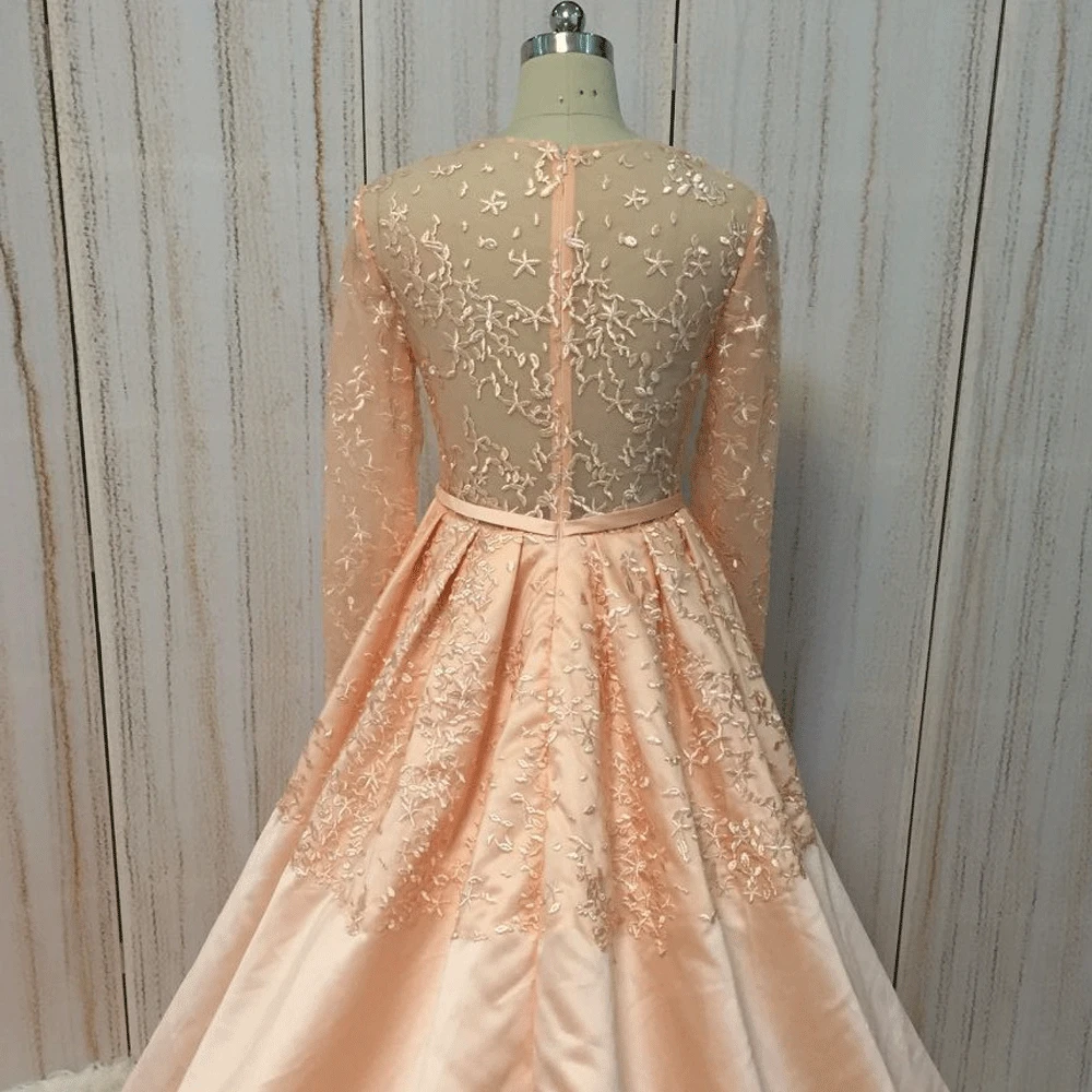 SuperKimJo Vestidos De Festa Long Sleeve Lace Peach Prom Dresses 2020 Elegant Saudi Arabic Prom Gowns with Sleeves