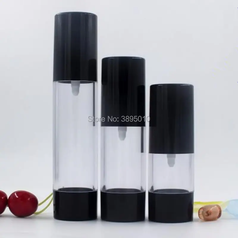 

airless spray bottle lotion bottle ,empty 15ml 30ml 50ml transparent body black pump & lid /bottom Cosmetic Container F546