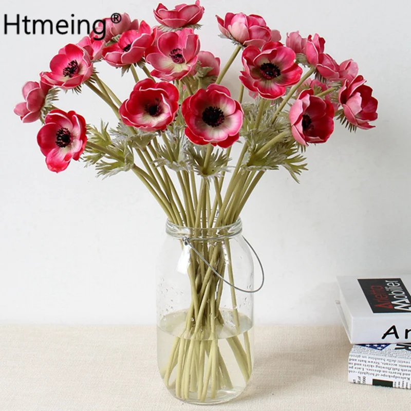 7PCS Artificial Anemones Flowers Real Touch Poppy Branches Burgundy Center For Wedding Bouquets Centerpieces DIY Home Decoration