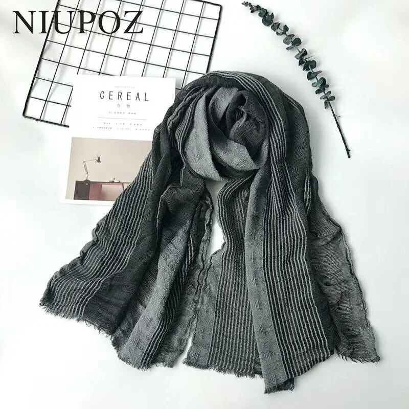 Fashion Black Cotton Acrylic Winter Women Scarf Men Long Shawl Solid Striped Wrinkle Hollow Ring Collar Wrap 75*180CM M256