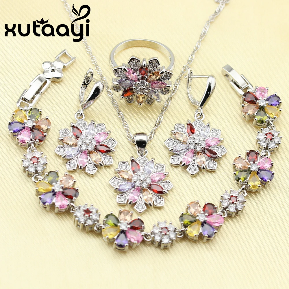 XUTAAYI  Sterling Silver Jewelry Set Flower Multicolor Stone Earrings Ring Necklace Pendant Bracelet Christmas Bracelet Gift