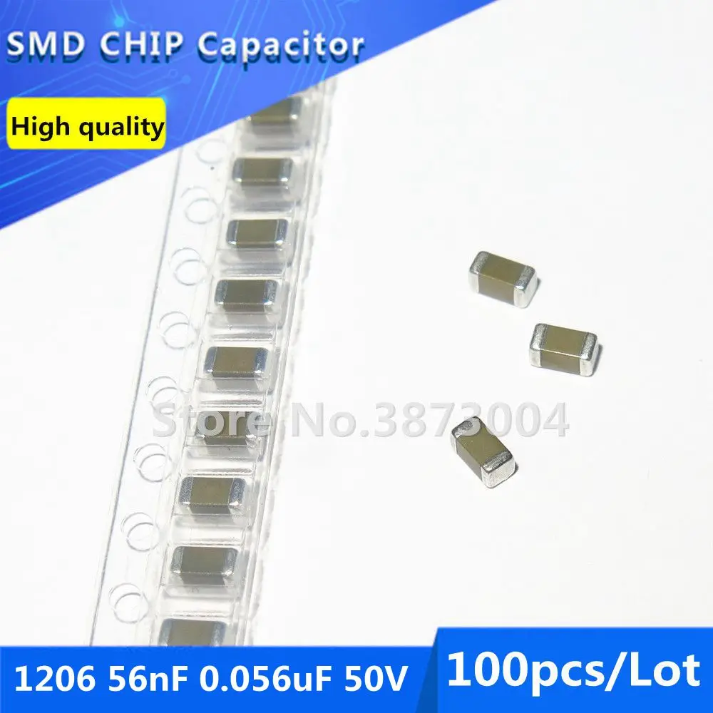 100pcs 1206 56nF 0.056uF 50V X7R 10% Thick Film Chip Multilayer Ceramic Capacitor