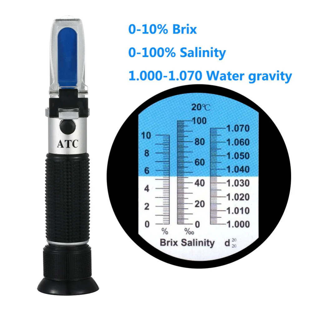 

2 In 1 Brix and Salinity Refractometer, 0-10% Brix / 0-100% Salinity / 1.000-1.070 Specific Gravity ATC Water Quality Detector