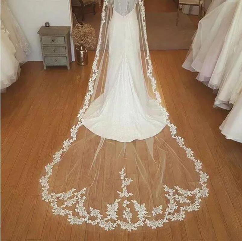 Nieuwe Fashion Hot Een Tier 3M Lengte Kathedraal Lange Kant Met Applicaties Handgemaakte Wit Ivoor Gratis Kam Wedding Bridal veils