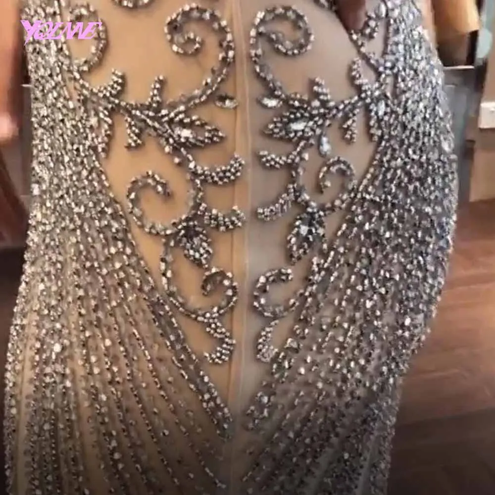 YQLNNE 2023 Luxury Rhinestones Nude Mermaid Evening Dress Long Evening Pageant Dresses Formal Gown robe de soiree