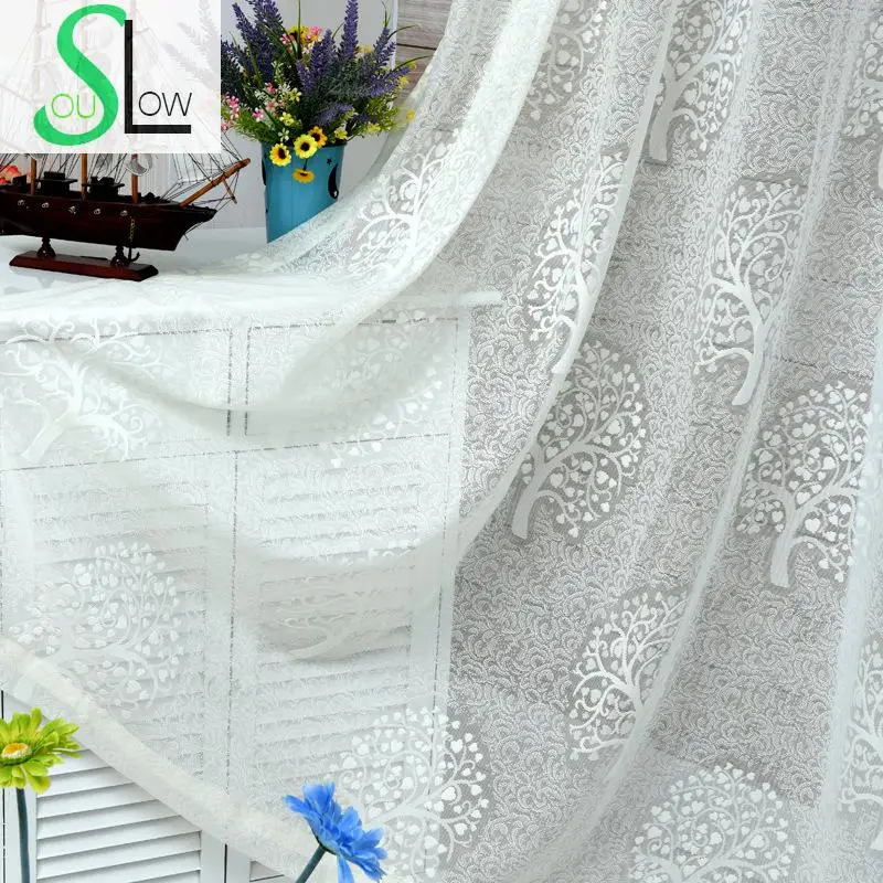 

Slow Soul Jade White Beige Coffee Jacquard Curtain Tree High Grade Living Room Bedroom Floral Curtains Tulle For Kitchen Sheer