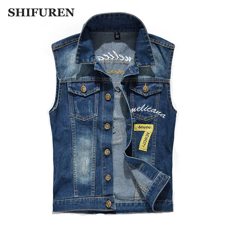 

SHIFUREN AW17 New Men Jeans Waistcoat Single Breasted Fashion Patch Designs Cowboy Male Cotton Denim Vests Plus Size M-5XL