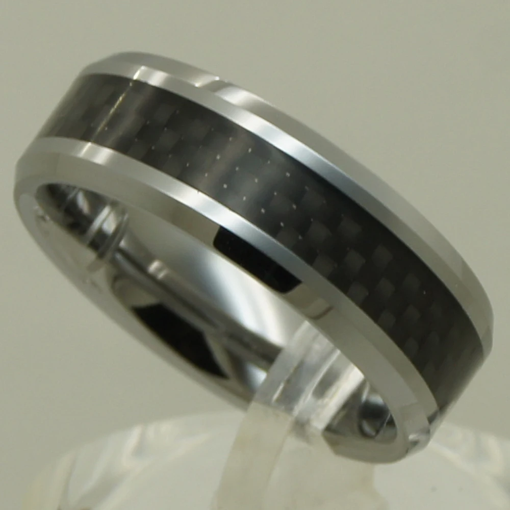 8mm black carbon fiber inlayed small bevel men/women hi-tech scratch proof wedding tungsten ring