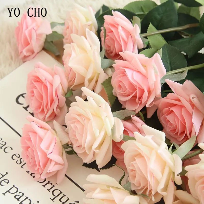 YO CHO Artificial Flowers Silk Artificial Roses Pink Red White Wedding Bouquets Fake Peonies Home Party Decoration Fake Flowers