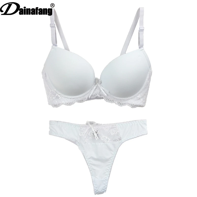 New Sexy Bra Set 3/4 Cup Push UP Cotton Polyester Bras Sets Solid Bow Decorative Underwear Lace Womens White Black Lingerie