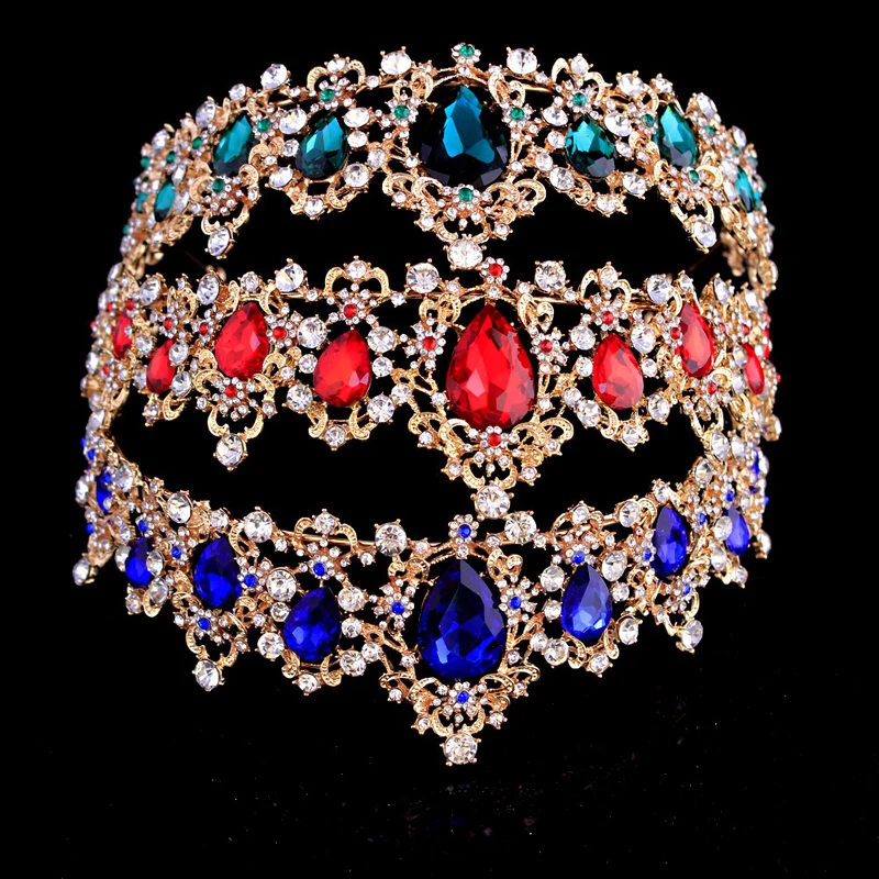 KMVEXO Baroque Red Green Crown Crystal Bridal Tiara Vintage Gold Color Hair Accessories Wedding Rhinestone Diadem Pageant Crowns