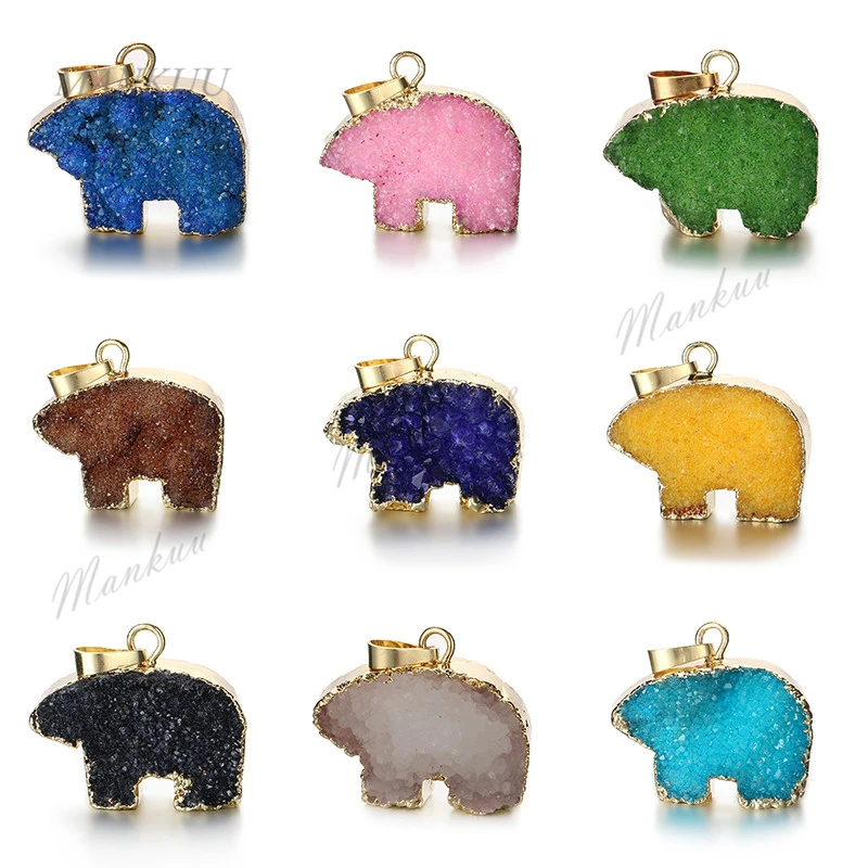 

DP139 Mix Color Cute Bear Pendant Animal Connectors New Product Gold Color Drusy Druzy Charm for Necklace Making 18*27mm