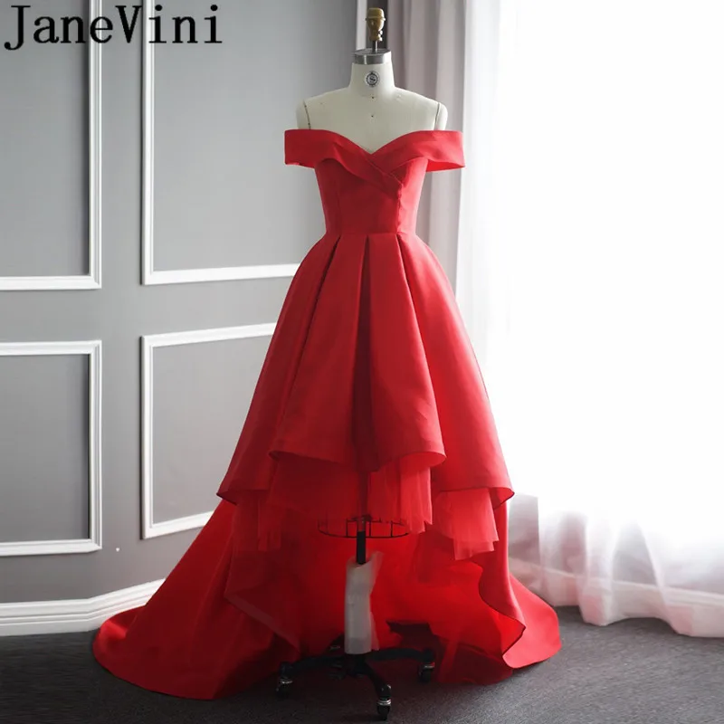 

JaneVini Simple High Low Satin Bridemaid Robes Red Short Front Long Back Formal Party Prom Dress Sweep Train Bridesmaids Dresses