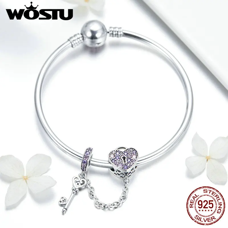 

WOSTU Hot Fashion 925 Sterling Silver Heart Lock Beads Charm Bangles & Bracelet For Women Sparkling Unique Jewelry Gift FIB820