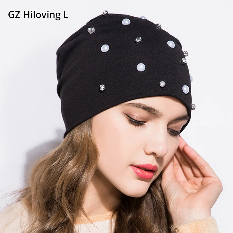 

GZHILOVINGL Cotton Rhinestone Beanie Hats Womens Casual Shine Pearls Cap Diamond Winter Knit Hats Female Caps Skullies Gorros