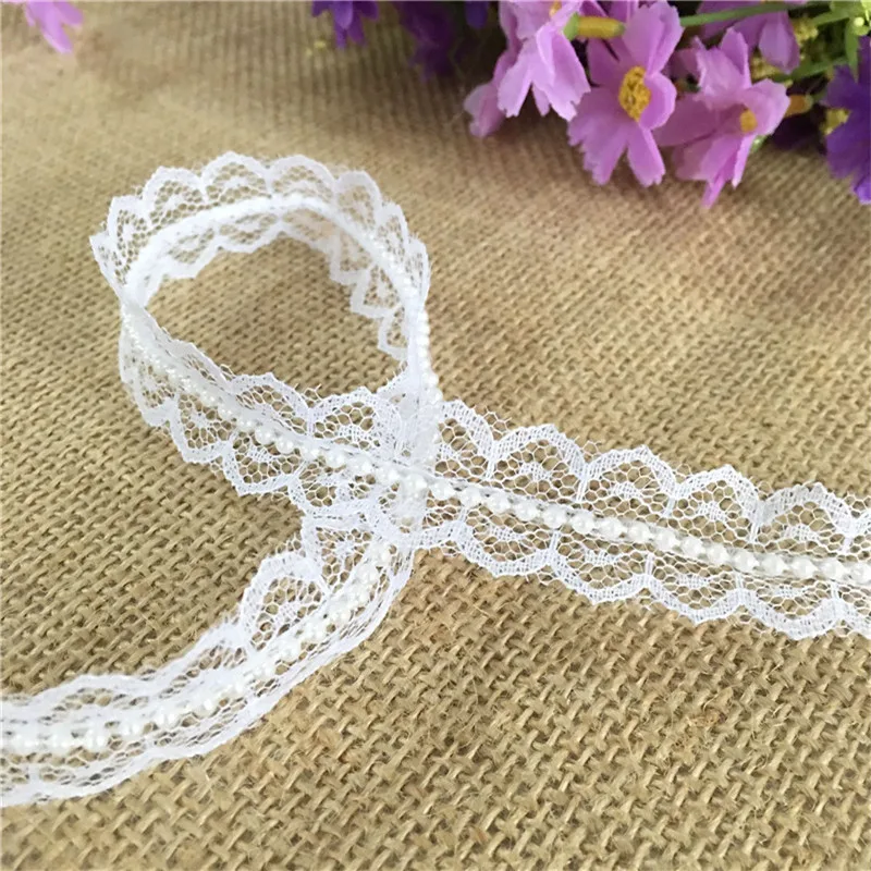 5M*  Vintage Style Lace White Pearl Ribbon Trim  Sewing craft Wedding Party Decoration (N.B. this is a cut from a roll)  7LS06