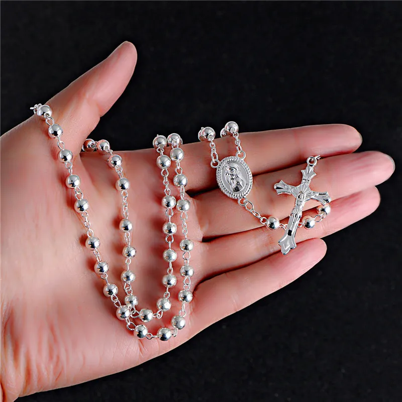 KOMi New Fashion CCB Bead Handmade Cross Pendant Long Necklace Silver Color Vintage Rosary Religion Jewelry Gift R-111