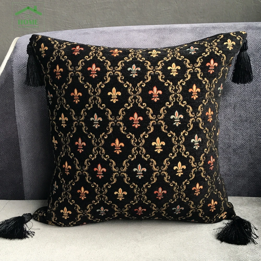 Classic Black Chenille Vintage Check Cushion Cover Tassels Pillow Case Decoration Home Use Pillow Cover 45 x 45 cm