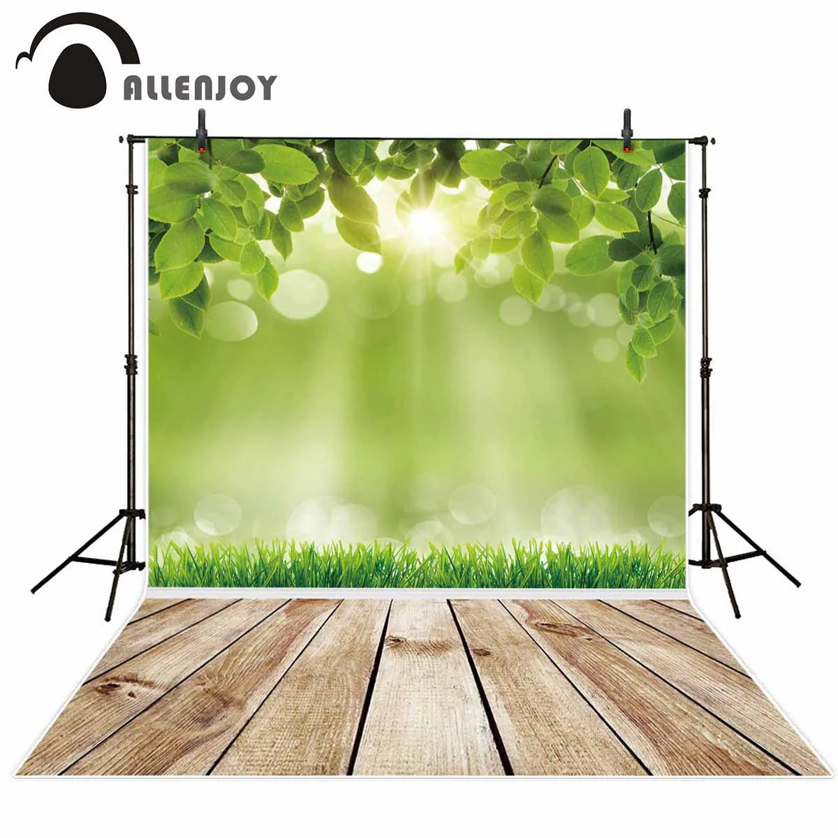 Allenjoy spring backdrops photocall green bokeh wood leaf sunshine background photo photography photophone fabric studio prop