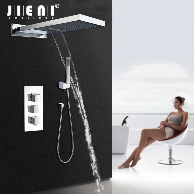 

JIENI Chrome Soild Brass Rainfall Waterfall 3 Functions Wall Mounted Bathroom Shower Set Chrome Polish Bath Shower Faucet Set