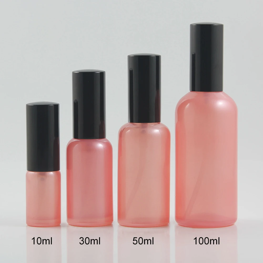 Flacone per lozione in vetro rosa da 10ml con pompa in alluminio nero, confezione cosmetica in vetro di colore rosa all'ingrosso da 10ml per liquidi