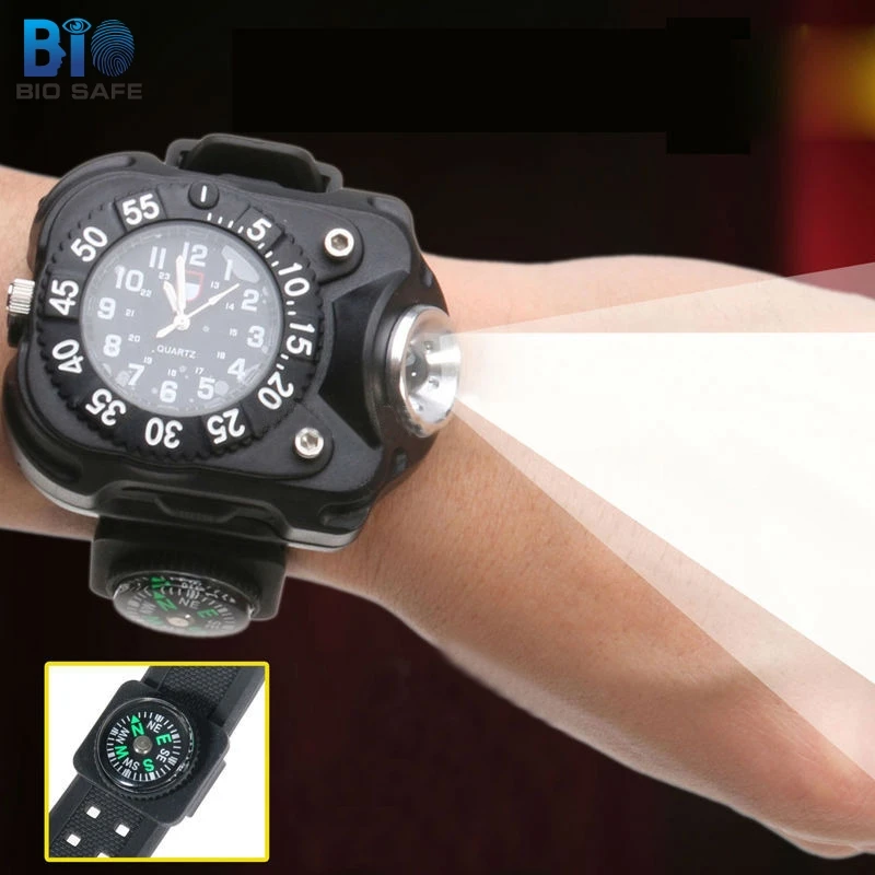 

Free Ship Outdoor Waterproof Compass LED Watch lamp Night Running Hiking Camping Built-in Battery Recharge Wristwatch Flashlight