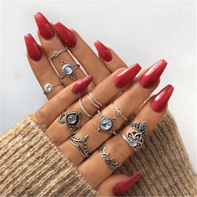 Tocona Boho Crown Moon Heart Rhinestone Geometric Flower Knuckle Rings Set for Women Midi Finger Rings Stacking Finger Jewelrys