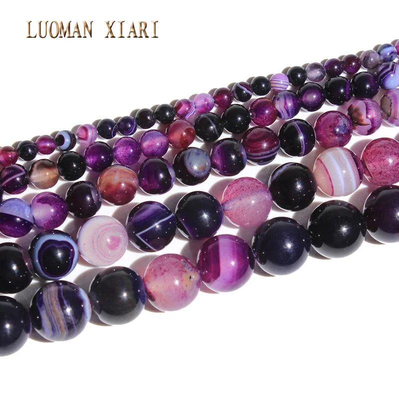 LUOMAN XIARI Round Natural Purple Striped Agate Stone Beads For Jewelry Making DIY Bracelet Material 4/6/8/10/12mm Strand 15''