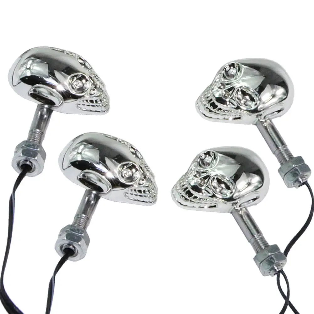 4x LED Universal Motorcycle Chrome Skull Turn Signal Indicator Blinker Amber Light Lamp Dual Sport bike Cruiser Bobber