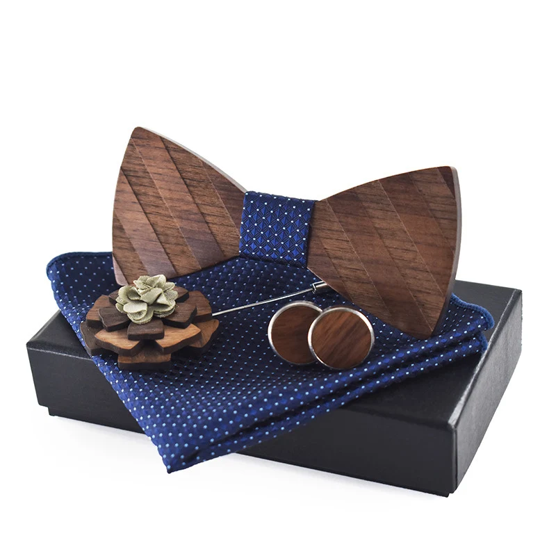 Set di cravatte in legno con motivo a strisce 3D gemelli Boutonniere fazzoletto Business Butterfly cravatta cravatte per uomo