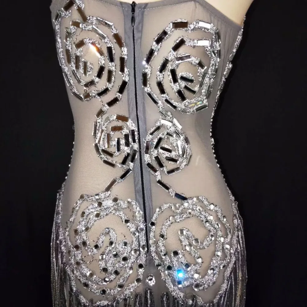 Body Sexy con cristales plateados brillantes para mujer, traje transparente de malla para celebración de cumpleaños, traje de cantante para fiesta de baile