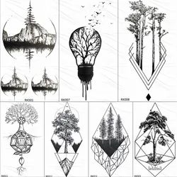 OMMGO Lampadina Albero di Pino Geometrica Temporary Tattoos Sticker Diamante Rotondo Su Ordinazione Del Tatuaggio Body Art Falso Tatuaggi Nero Piccola Foresta