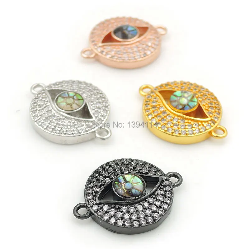 

18*14*3mm Micro Pave Clear CZ Gridding Abalone Shell Round Of Evil Eye Connector Fit For Women As DIY Bracelets Accessory