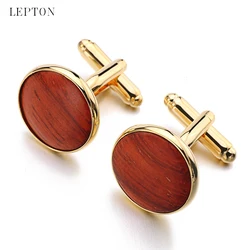 Lepton High Quality Round Wood Cufflinks tuxedo studs Sets Gold Color Plated  Mens cuff links Formal Business wedding Jewelry