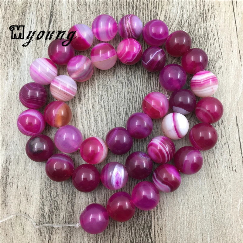 

15.5 Inch Bright Smooth Fuchsia Lace Agates Natural Stone,Rose Round Banded Agates Beads MY0070