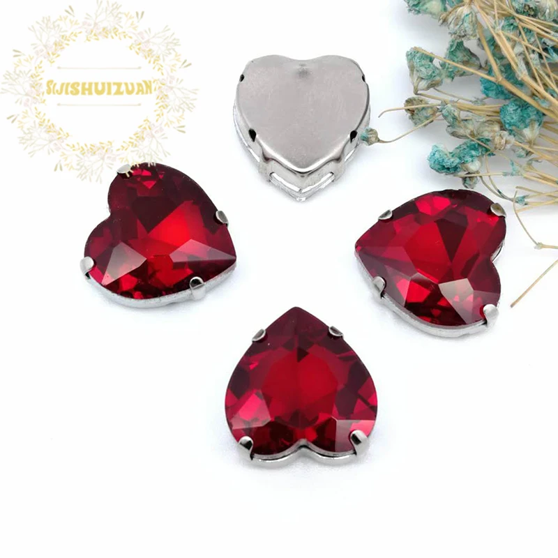 Best-selling! Glitter Red Heart Shape Glass Crystal Sew On Rhinestones With Four Claw Diy Wedding Dress Shoes