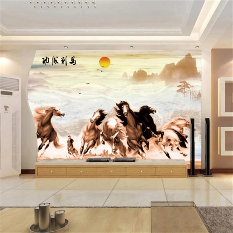 Custom wallpaper 3D mural solid wall painting horse to success horse landscape painting gold floor mural TV background wallpaper