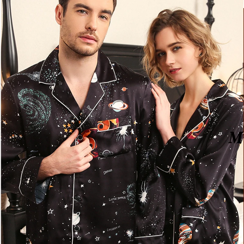 Real Silk Pajama Female Summer Long-Sleeve Silkworm Silk Couple Sleepwear Black Starry Sky Male Pajamas Two-Piece Sets T8197QL