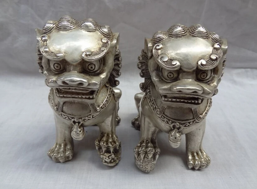 song voge gem S2555 Chinese Silver FengShui Foo Fu Dog Animals Bronze Door Lion Ball Statue Pair