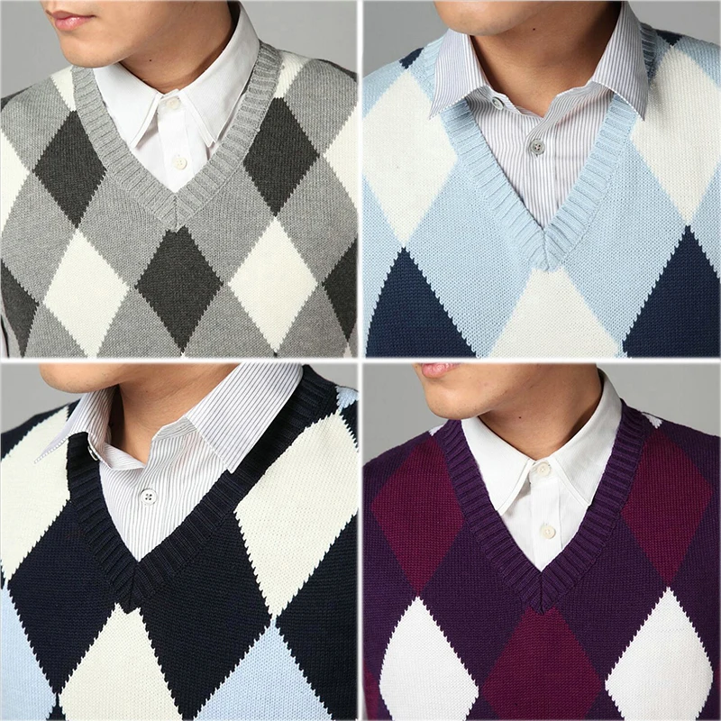 2022  Fashion Design V Neck Male Waistcoat Knitted Vest Men Sleeveless Sweater Argyle Pattern Pink Purple Grey Navy