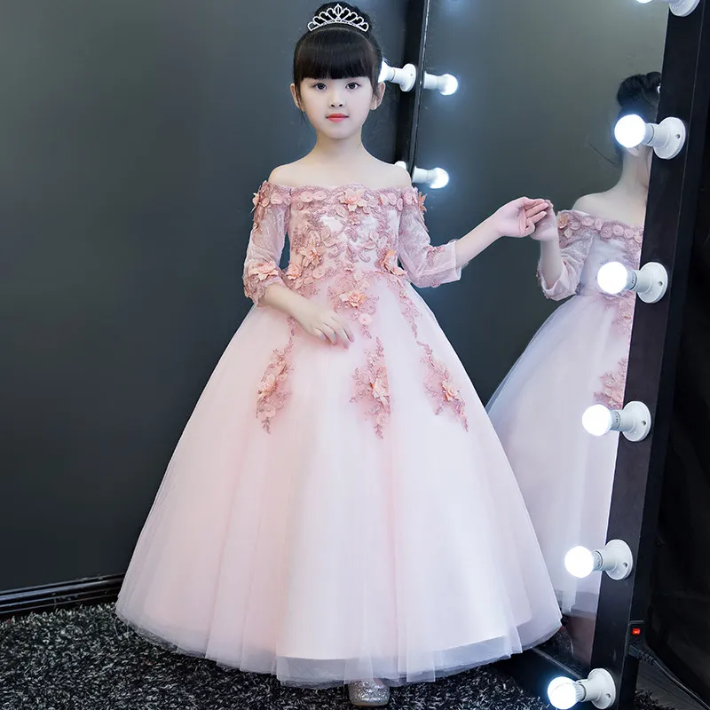 Elegant Pink Appliques First Communion Dresses For Children Shoulderless Girls Pageant Dresses Graduation Flower Girls Gowns