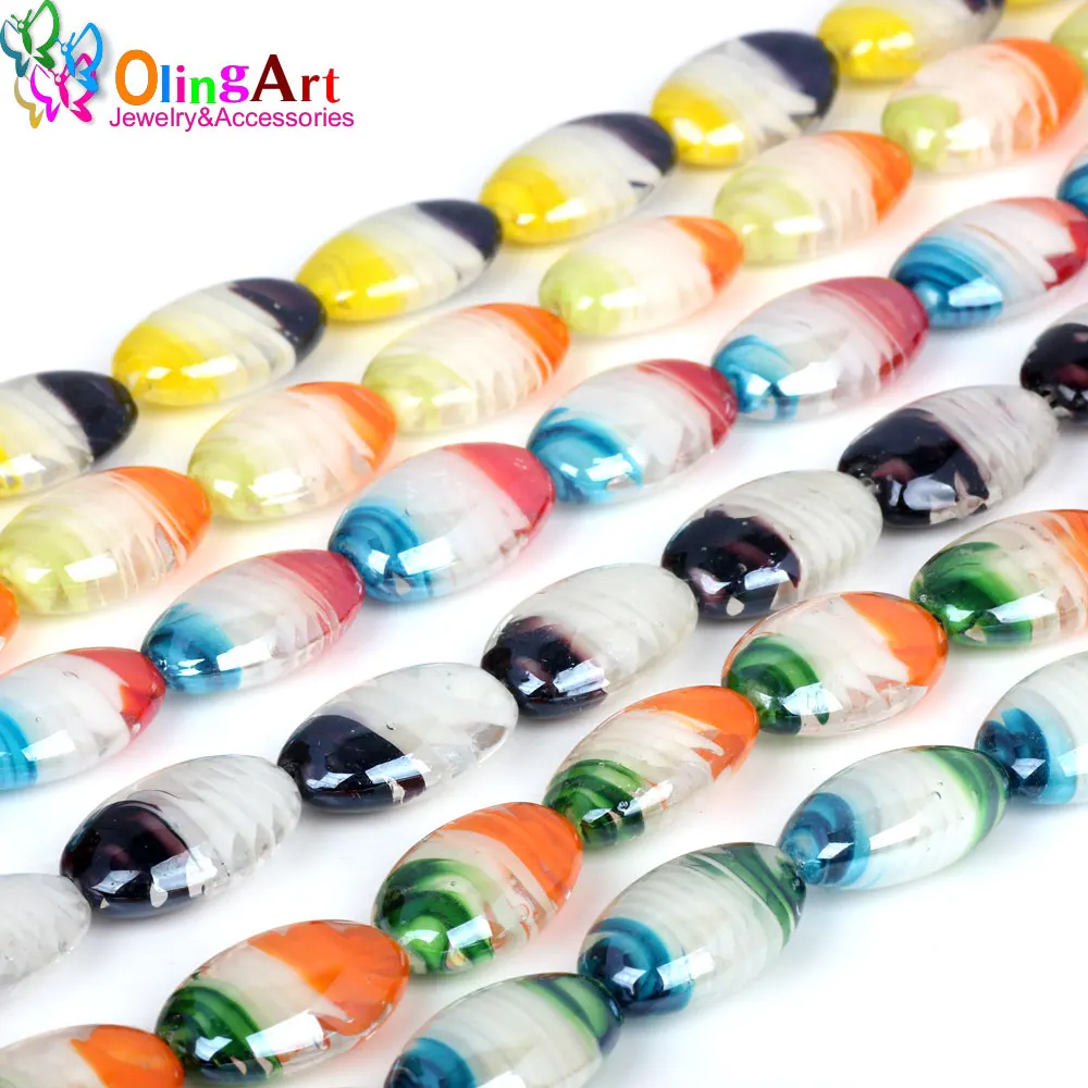 

OlingArt 6PCS Lampwork Glass Beads Oval Multicolor Flower Pattern 16*25mm DIY Bracelet choker necklace jewelry making 2019 NEW