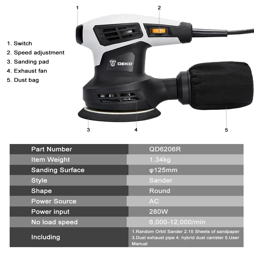 DEKO 280W/320W/350W Zufällige Umlaufbahn Elektrische Sander mit 125mm 8 Löcher Schleifpapier und variable Geschwindigkeit Sander Power Tools