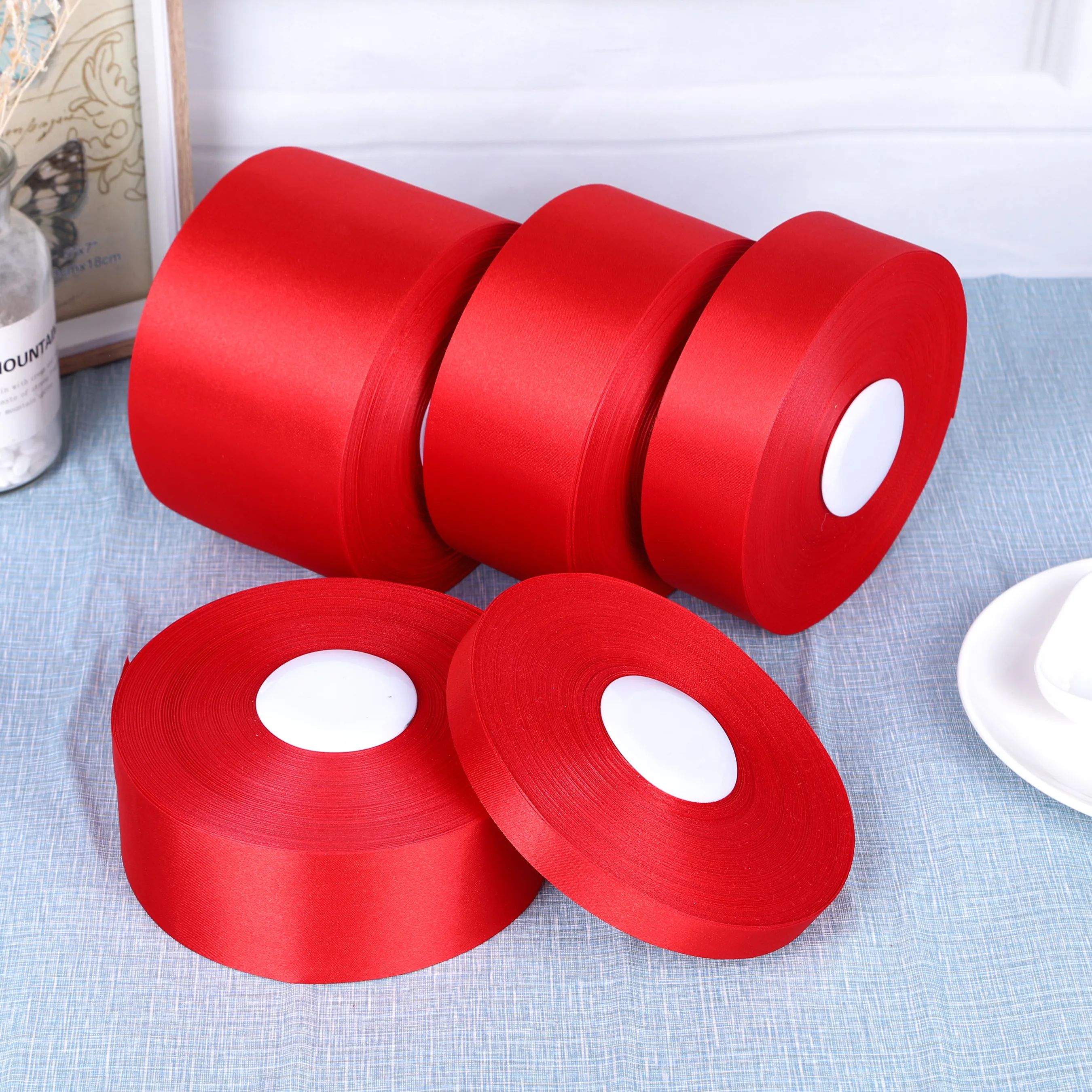 1roll 0.3cm-5cm Red Single Face Satin Ribbons For Arts Crafts Christmas Wedding Party Decoration Gift Wrap DIY Material tape